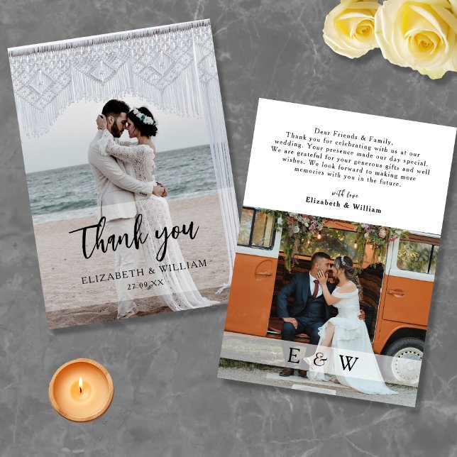 Modern Simple white overlay 2 Foto Wedding Dankeskarte (Modern Simple white overlay 2 Photo Wedding Thank You Card)