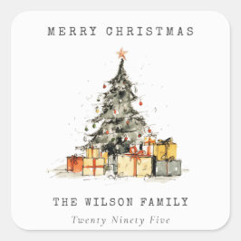 Modern Sketchy Holiday Christmas Tree Gifts Photo Quadratischer Aufkleber