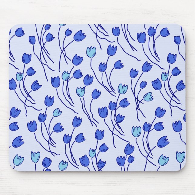 Modern Sketchy Tulips Pattern | Blue Delft Mousepad (Vorne)