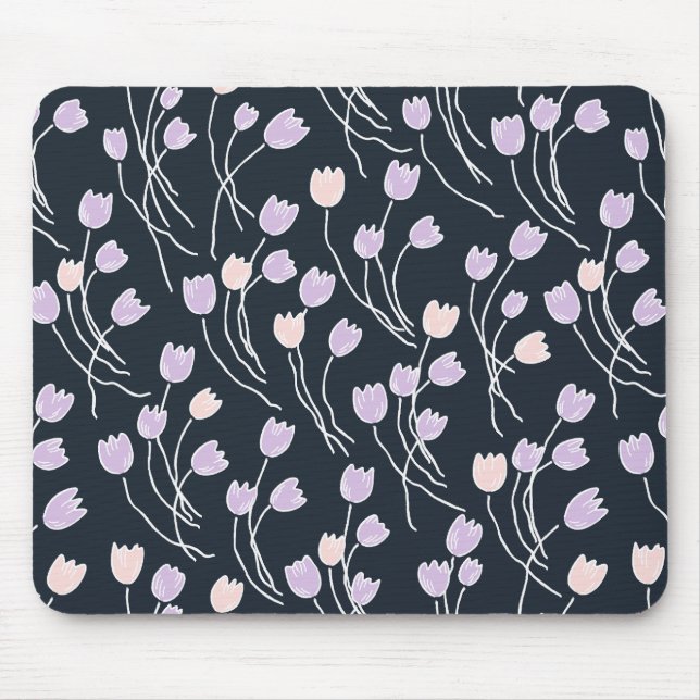 Modern Sketchy Tulips Pattern | Midnight Garden Mousepad (Vorne)