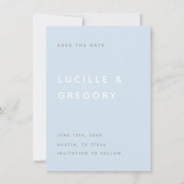 Modern Sky Blue Editorial All Caps Save the Date (Vorderseite)