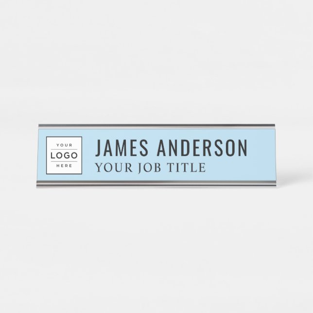 Modern Sky Blue Personalisiert Business Logo Schreibtischnamensplakette (Vorderseite )