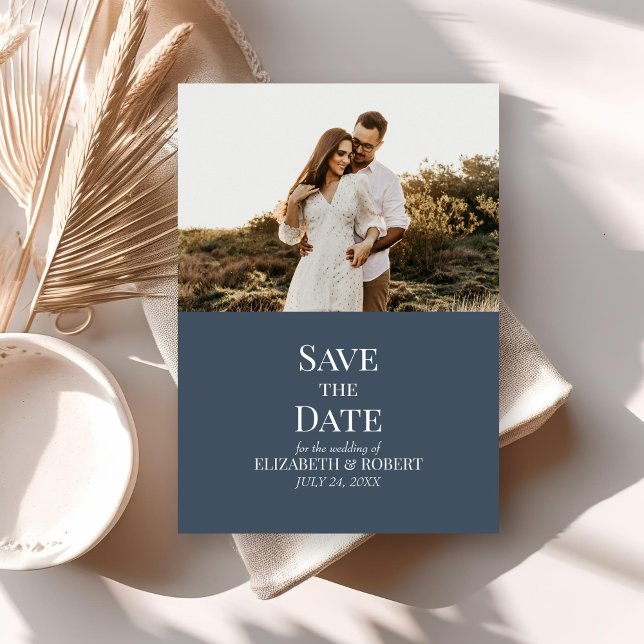 Modern Slate Blue Custom Foto Save the Date Card Einladung (Modern Slate Blue Custom Photo Save the Date Card on neutral boho wedding table.)