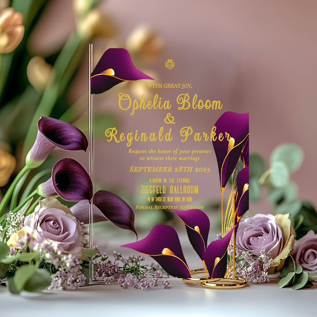 Modern Sleek Violet Lila Calla Lily Wedding Acryleinladungen (Sleek Modern Violet Purple Calla Lily Acrylic Wedding Invitation )