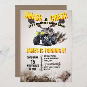 Modern SMASH & CRASH Monster Truck Birthday Party Einladung