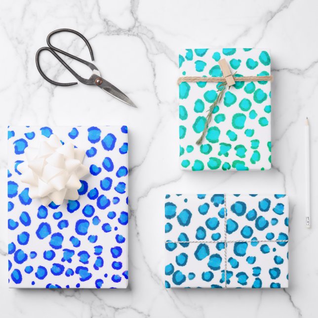 Modern Snow Leopard Blue Green Animal Print Geschenkpapier Set (Vorderseite)