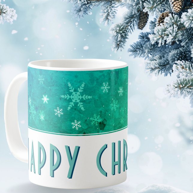 Modern Snowflake Blue Green Happy Weihnachten Kaffeetasse (Von Creator hochgeladen)