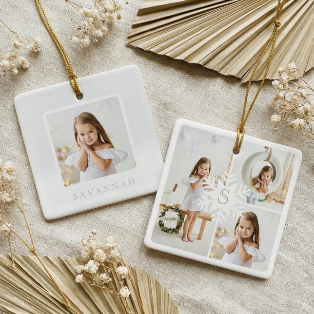 Modern Snowflake Monogram Three Foto Collage Keramikornament (Modern Snowflake Monogram Photo Collage Keepsake Ceramic Ornament)