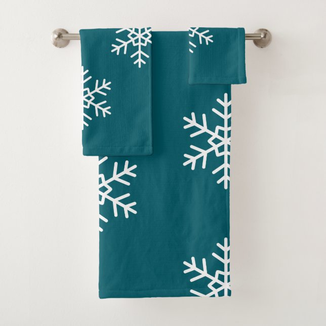 Modern Snowflake Navy blauer Hintergrund Badhandtuch Set (Insitu)