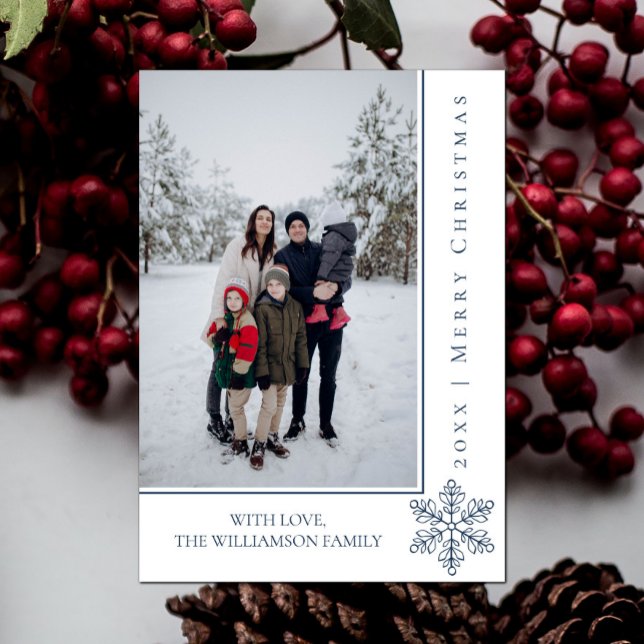 Modern Snowflake Weihnachts-Fotokarte | Blau Feiertagskarte (Blue Modern Snowflake Christmas Photo Card)