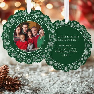 Modern Snowflakes Green Feliz Navidad Foto Ornament Karte