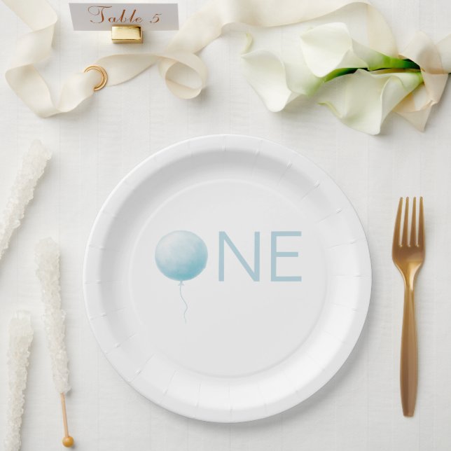 Modern Soft Blue Balloon Boy 1st Birthday Party Pappteller (Hochzeit)