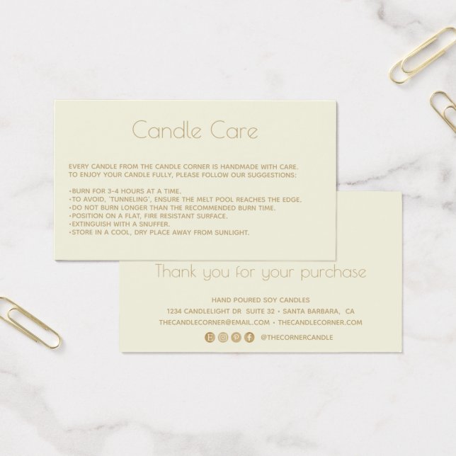 Modern Soy Candle Care Card mit Logo (Büro)