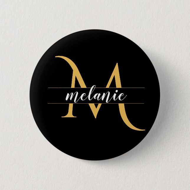 Modern Split Monogram Gold Black Individuelle Name Button (Vorderseite)