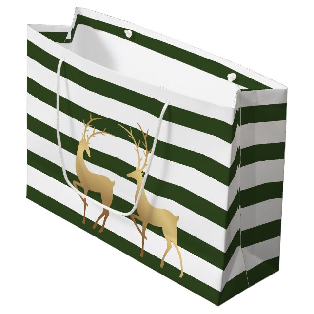 Modern Spruce Green Stripes Goldhirsche Große Geschenktüte (Vorderseite Schrägansicht)