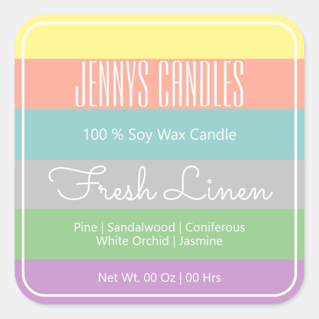Modern Square Border Pastel Rainbow Stripes Candle Quadratischer Aufkleber (Vorderseite)