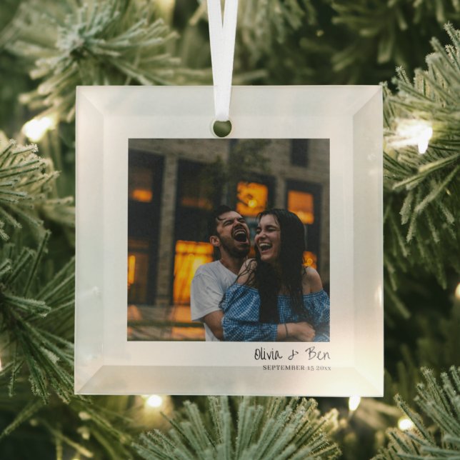 Modern Square Minimal Candid Handwritten Wedding Ornament Aus Glas (Insitu)