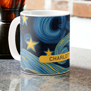 Modern Starry Night Sunflower Personalisiert Name Kaffeetasse