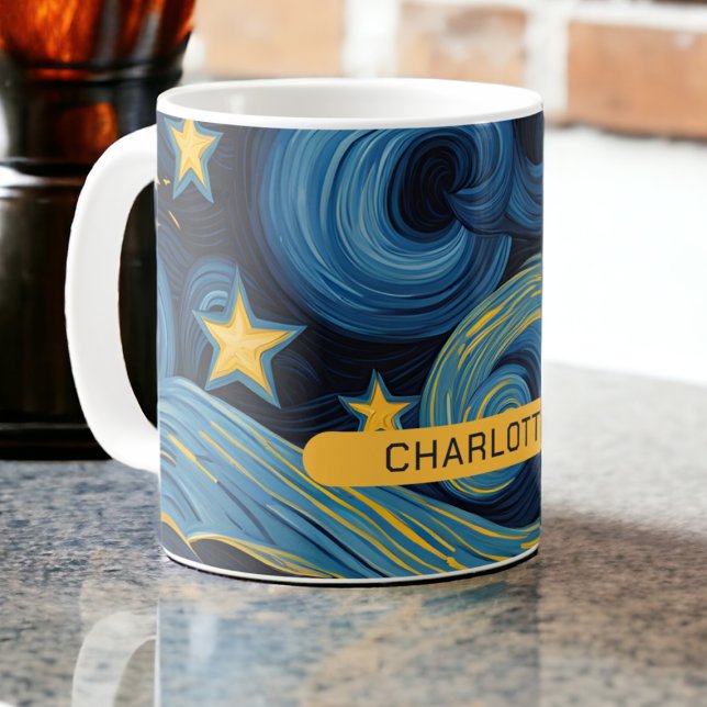 Modern Starry Night Sunflower Personalisiert Name Kaffeetasse (Modern Starry Night Sunflower Personalized Name Coffee Mug from Ricaso. A fun Van Gogh mash up art)