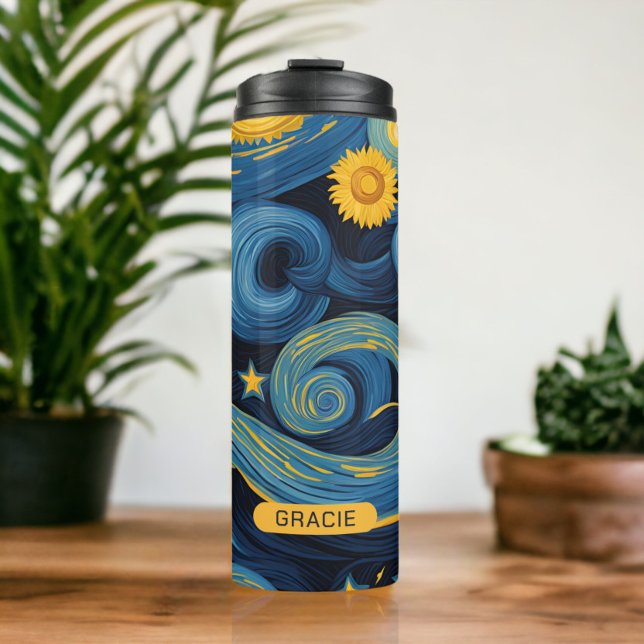 Modern Starry Night Sunflower Personalisiert Name Thermosbecher (Modern Starry Night Sunflower Personalized Name Thermal Tumbler from Ricaso. Customize with own text)
