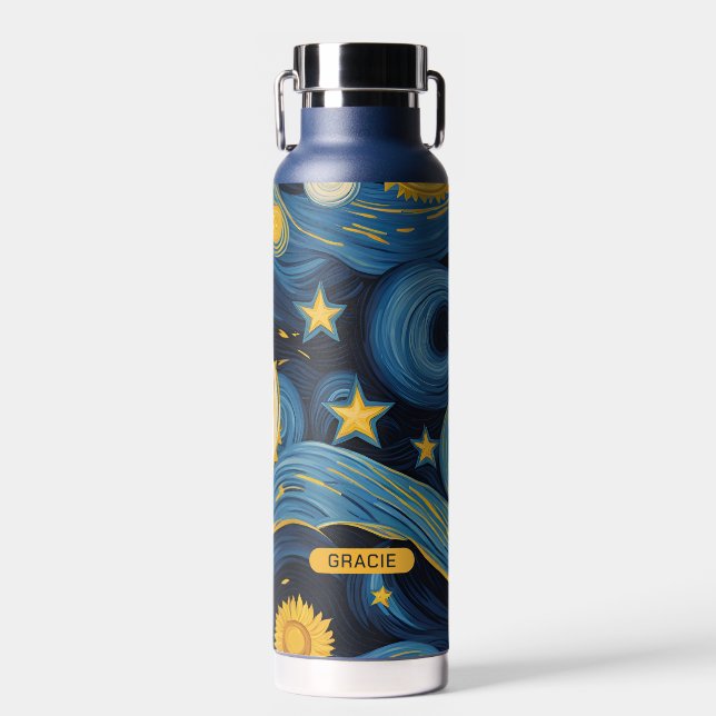 Modern Starry Night Sunflower Personalisiert Name Trinkflasche (Vorne)