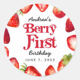 Modern Strawberry Berry Erster Geburtstag Runder Aufkleber