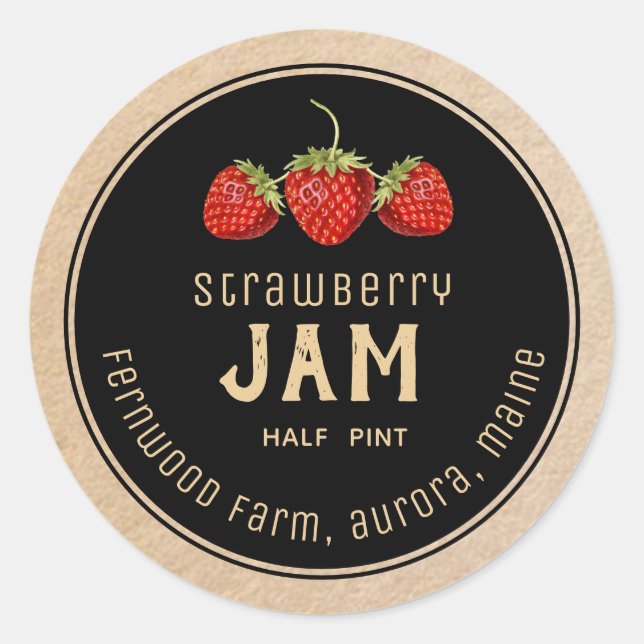 Modern Strawberry Jam Label Black on Kraft Runder Aufkleber (Vorderseite)