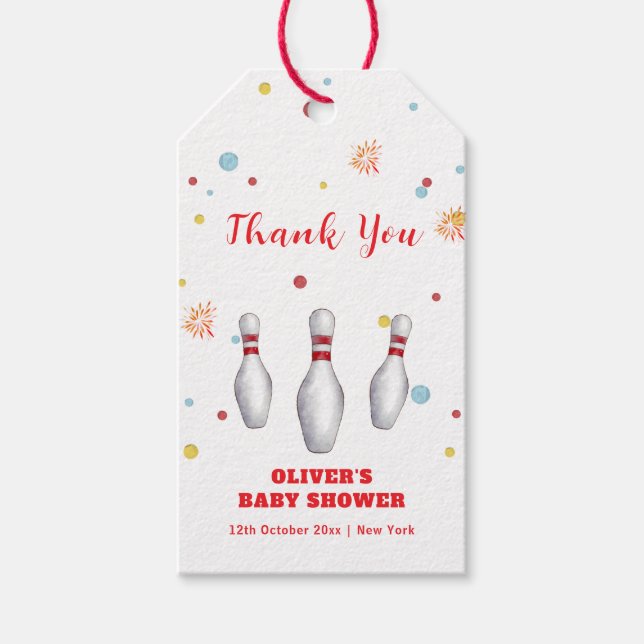 Modern Strike Up Bowling Baby Shower Welcome Geschenkanhänger (Vorderseite)