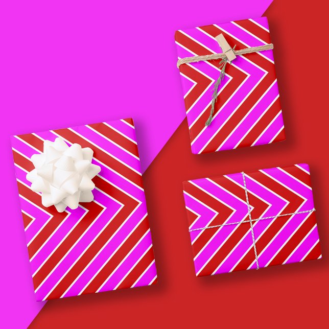 Modern Strip Muster Red Hot Pink Geschenkpapier Set (Von Creator hochgeladen)