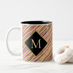 Modern Stripes Gold Glitzer Monogram Black Zweifarbige Tasse