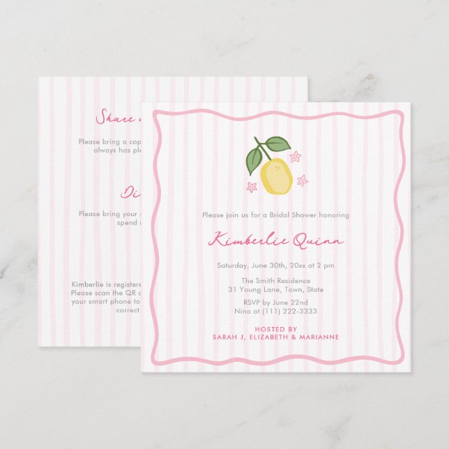 Modern Stripes Hand-Drawn Lemon Bridal Shower Einladung (Vorne/Hinten)