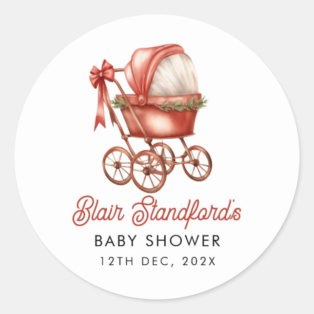 Modern Stroller Merry Little Christmas Baby Dusche Runder Aufkleber (Vorderseite)