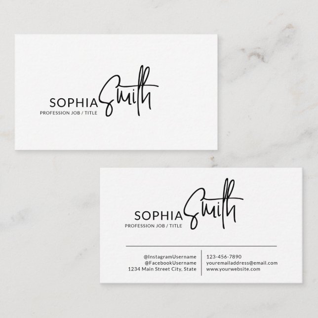 Modern Stylish Black & White Handwritten Script Visitenkarte (Vorne/Hinten)
