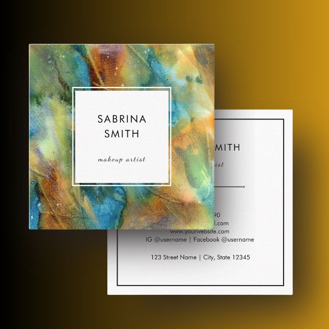 Modern Stylish Blue Brown Watercolor Abstract Quadratische Visitenkarte (Modern Colorful Watercolor Abstract Square Business Card)
