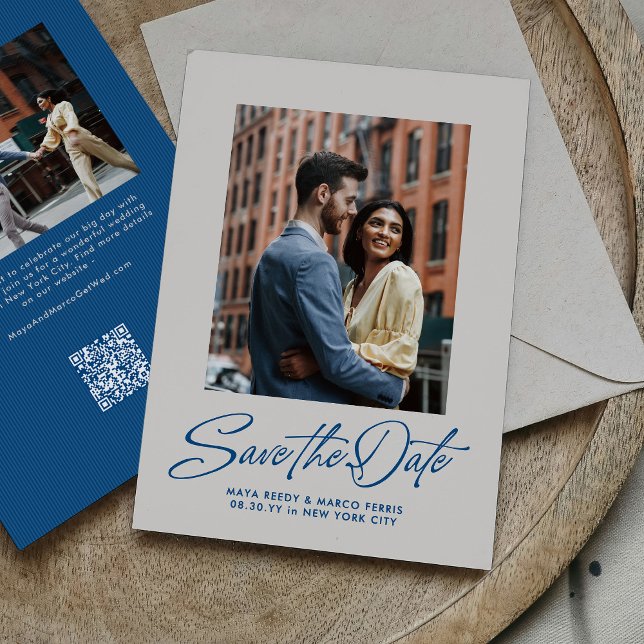 Modern stylish blue script two photo save the date (Von Creator hochgeladen)