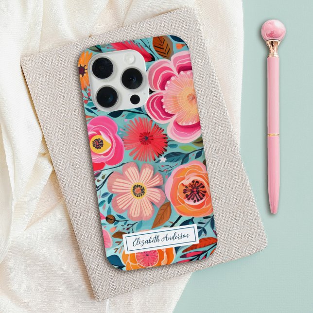 Modern Stylish Colorful Pink Floral Monogram iPhone Hülle (A stylish colorful floral personalized cell phone case)