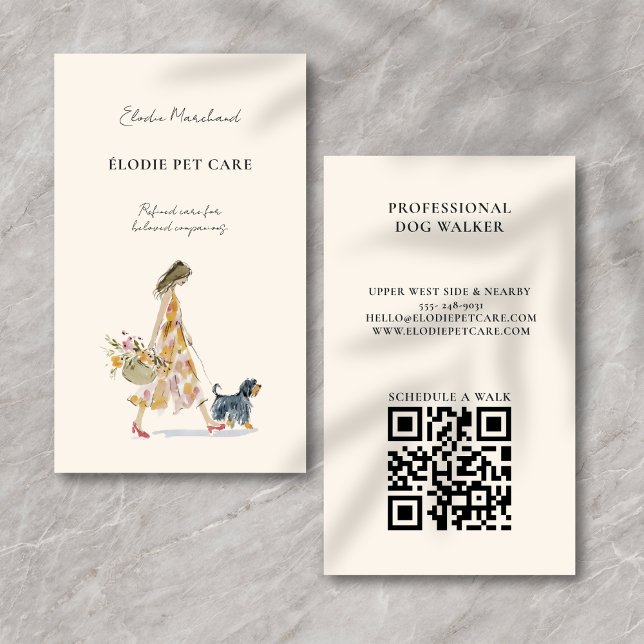 Modern Stylish Dog Walker Pet Sitter QR code Visitenkarte (Elegant, feminine design with modern charm. QR code for easy scheduling & contact.)