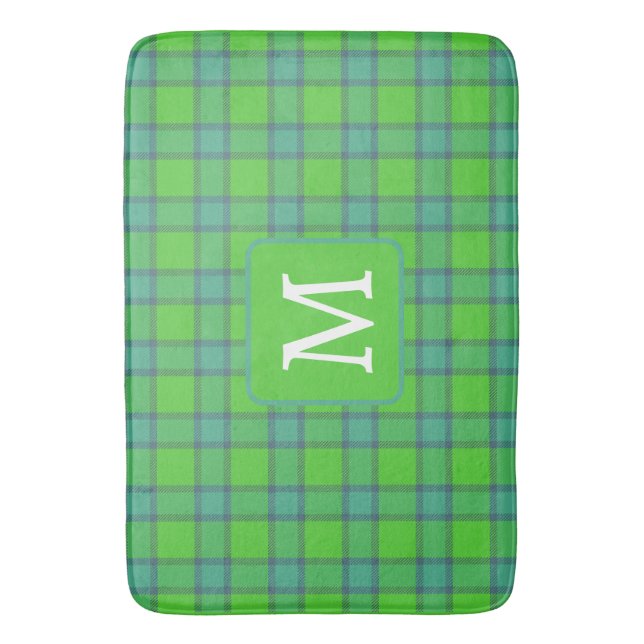 Modern stylish green &blue Plaid monogram Badematte (Vorderseite Vertikal)