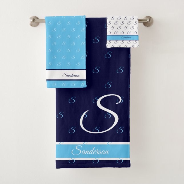  Modern Stylish Navy Blue and White Monogram Bath  Badhandtuch Set (Insitu)
