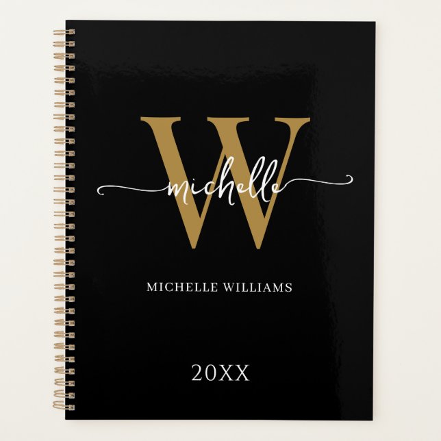 Modern Stylish Script Black Gold Monogram 2023 Planer (Vorderseite)