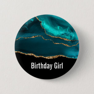 Modern Stylish Teal Agate & Gold Ribbon Birthday Button