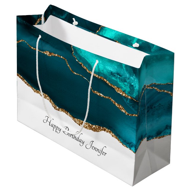 Modern Stylish Teal Agate & Gold Ribbon Birthday Große Geschenktüte (Vorderseite Schrägansicht)