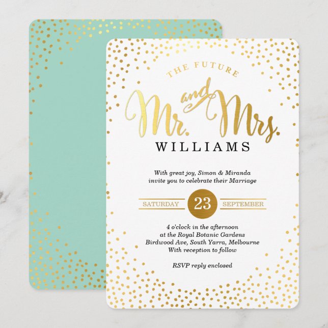 MODERN STYLISH WEDD Gold Konfetti Minze schwarz Einladung (Vorne/Hinten)
