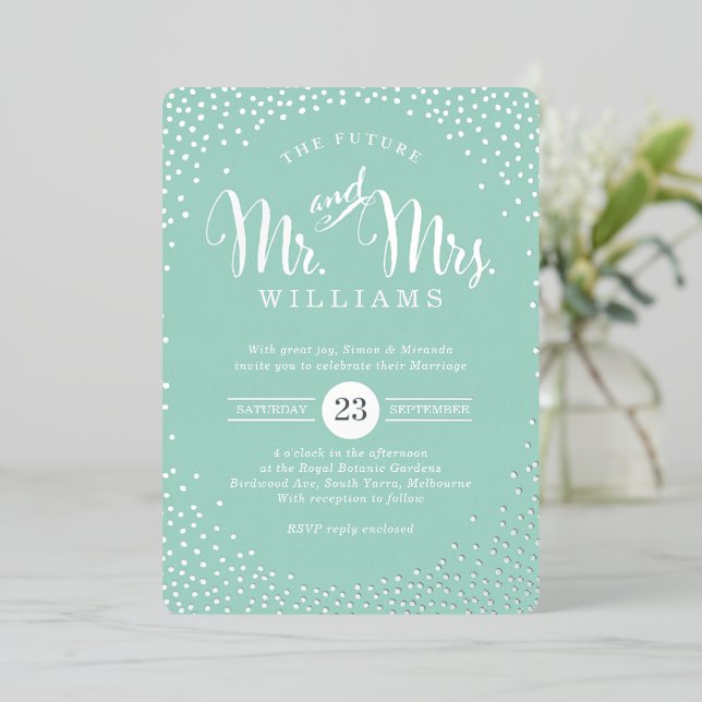 MODERN STYLISH WEDD mini silber Konfetti Minze Folieneinladung (Stehend vorne)