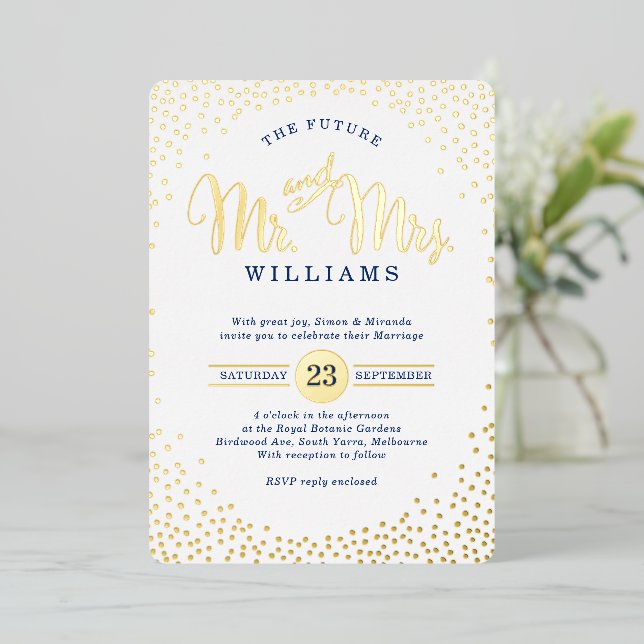 MODERN STYLISH WEDDING Mini Konfetti Goldmedaille Folieneinladung (Stehend vorne)