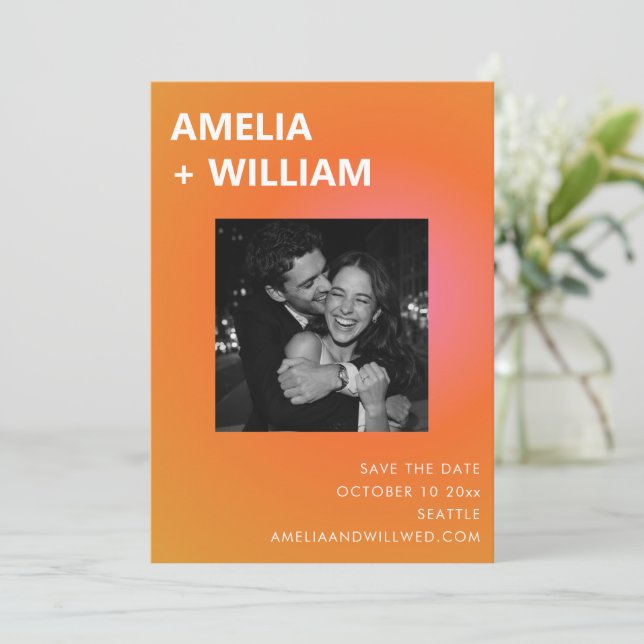Modern Summer Orange Pink Wedding Photo Save The Date (Stehend Vorderseite)