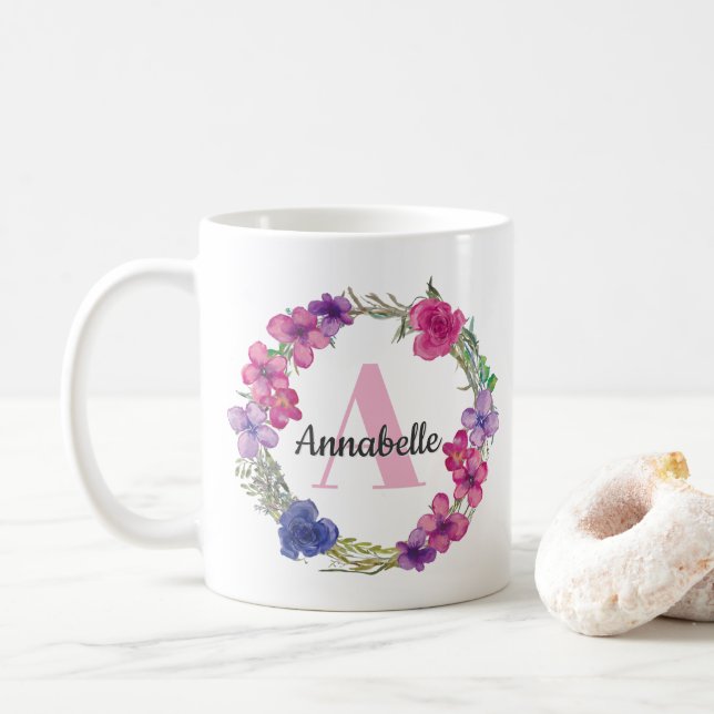 Modern Summer Pink Lila Blue Floral Monogram Kaffeetasse (Mit Donut)