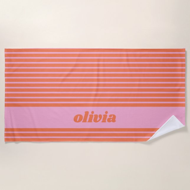 Modern Summer Pink Orange Striped Personalized  Strandtuch (Vorderseite)