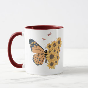 Modern Sunflower Collage Butterfly und Dragonfly Tasse