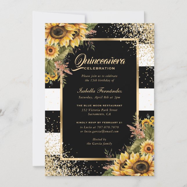 Modern Sunflower Gold Black White Quinceañera Einladung (Vorderseite)